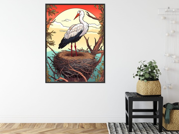 Plakat Bocian W Gnieździe Na Tle Słońca