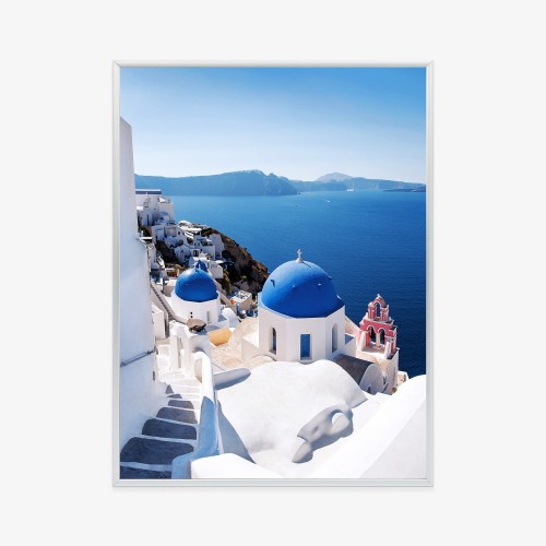 Plakat Tradycyjna Biała Architektura I Greckie Cerkwie Z Niebieskimi Kopułami