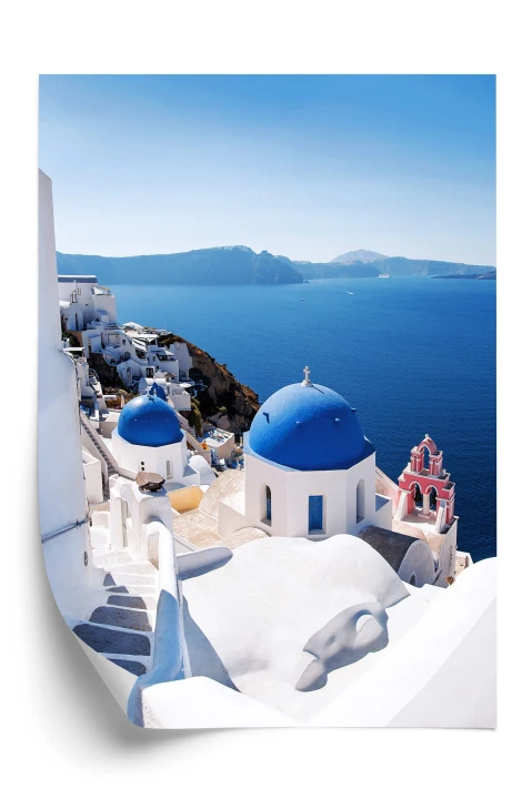 Plakat Tradycyjna Biała Architektura I Greckie Cerkwie Z Niebieskimi Kopułami