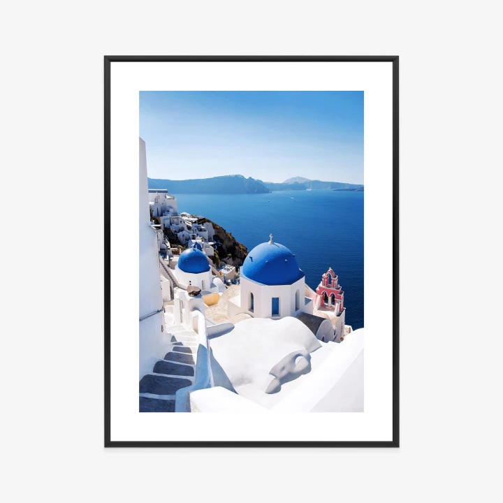 Plakat Tradycyjna Biała Architektura I Greckie Cerkwie Z Niebieskimi Kopułami