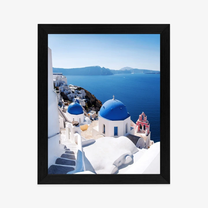 Plakat Tradycyjna Biała Architektura I Greckie Cerkwie Z Niebieskimi Kopułami