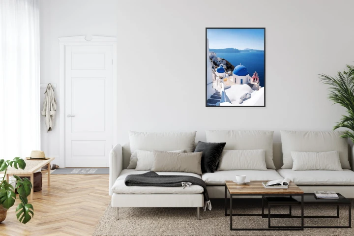 Plakat Tradycyjna Biała Architektura I Greckie Cerkwie Z Niebieskimi Kopułami