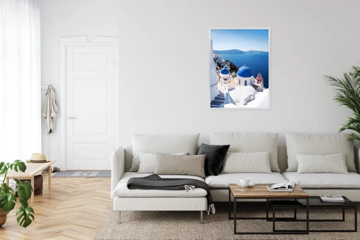 Plakat Tradycyjna Biała Architektura I Greckie Cerkwie Z Niebieskimi Kopułami