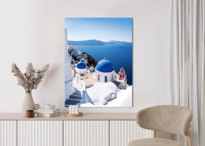 Plakat Tradycyjna Biała Architektura I Greckie Cerkwie Z Niebieskimi Kopułami