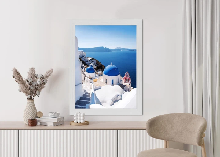 Plakat Tradycyjna Biała Architektura I Greckie Cerkwie Z Niebieskimi Kopułami