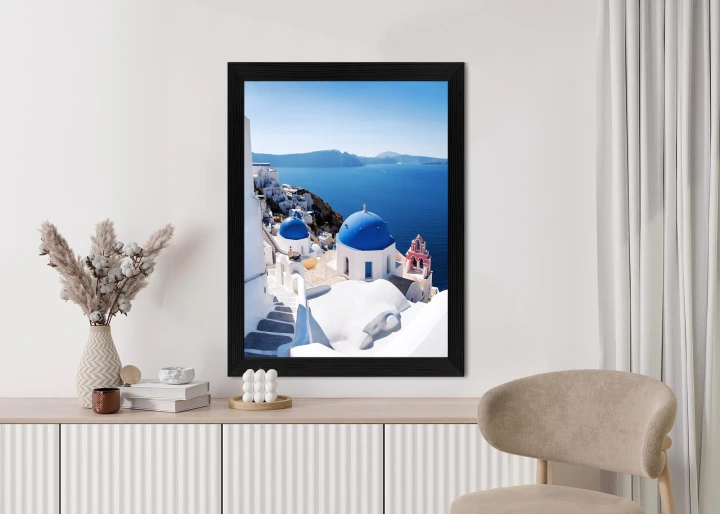 Plakat Tradycyjna Biała Architektura I Greckie Cerkwie Z Niebieskimi Kopułami