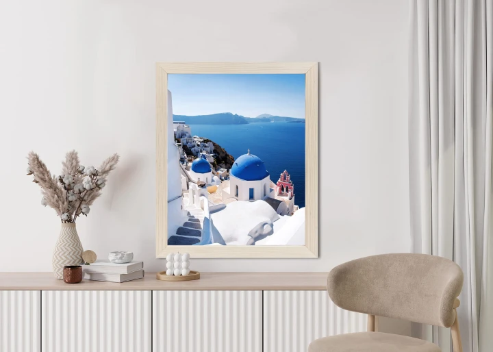 Plakat Tradycyjna Biała Architektura I Greckie Cerkwie Z Niebieskimi Kopułami