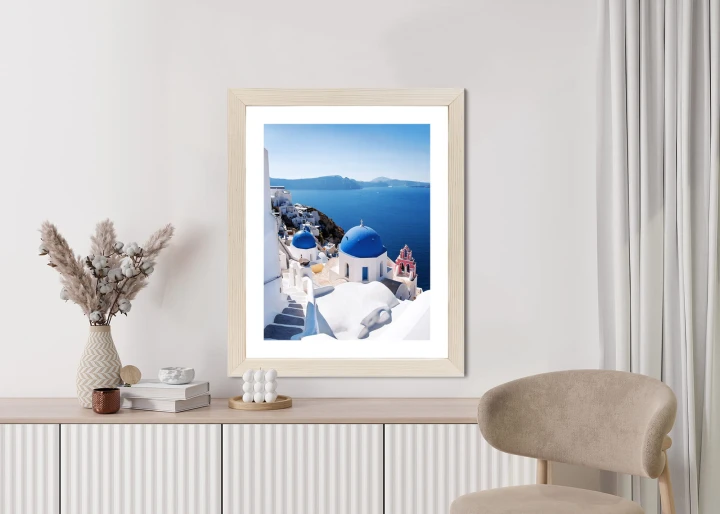 Plakat Tradycyjna Biała Architektura I Greckie Cerkwie Z Niebieskimi Kopułami