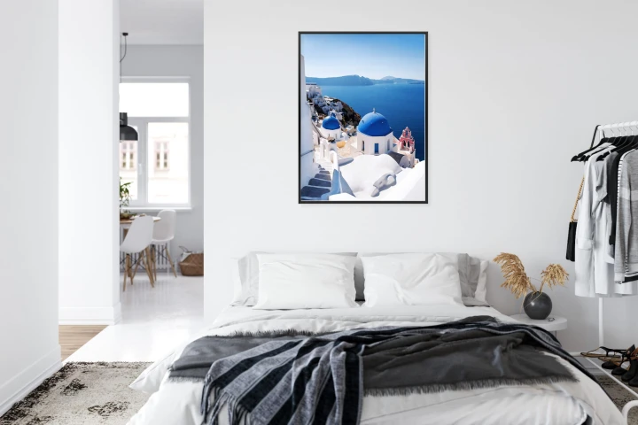 Plakat Tradycyjna Biała Architektura I Greckie Cerkwie Z Niebieskimi Kopułami