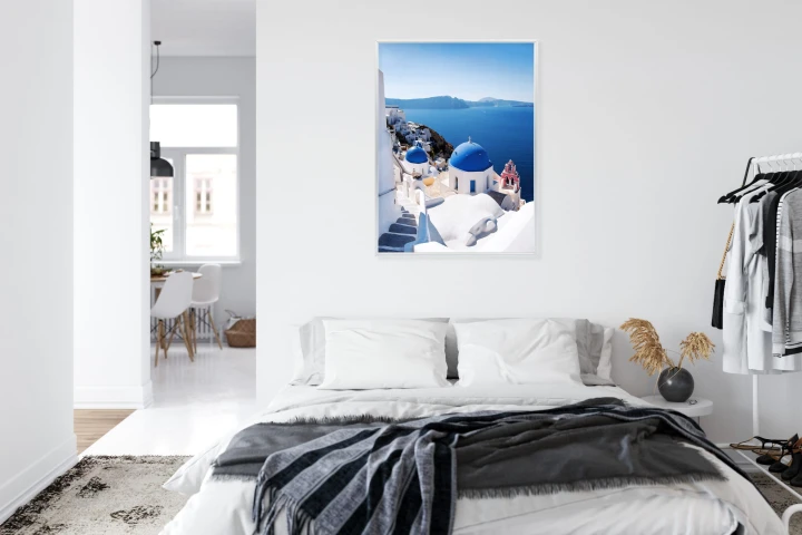 Plakat Tradycyjna Biała Architektura I Greckie Cerkwie Z Niebieskimi Kopułami