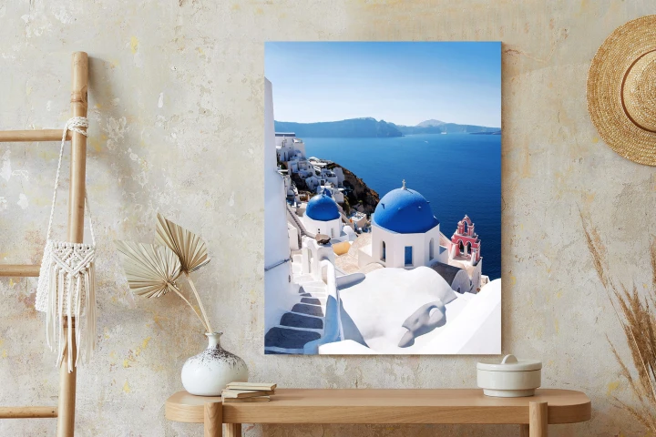 Plakat Tradycyjna Biała Architektura I Greckie Cerkwie Z Niebieskimi Kopułami