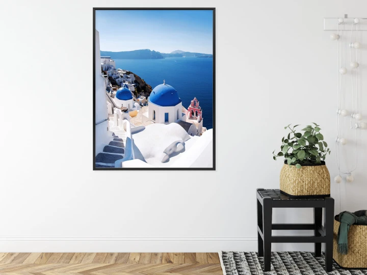 Plakat Tradycyjna Biała Architektura I Greckie Cerkwie Z Niebieskimi Kopułami