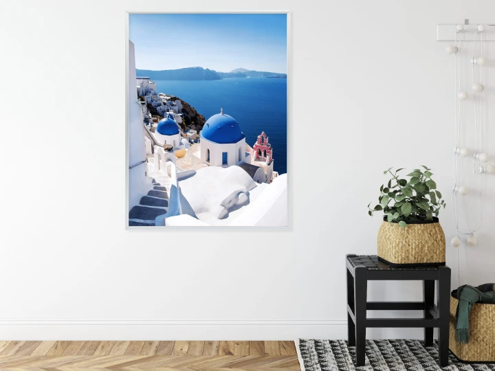 Plakat Tradycyjna Biała Architektura I Greckie Cerkwie Z Niebieskimi Kopułami