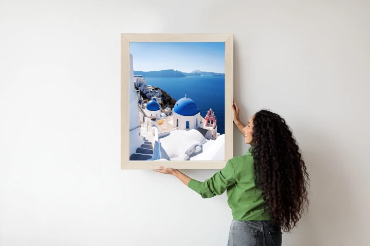 Plakat Tradycyjna Biała Architektura I Greckie Cerkwie Z Niebieskimi Kopułami