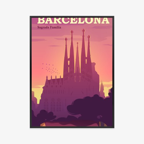 Plakat Barcelona Sagrada Familia Różowa Ilustracja O Zachodzie Słońca