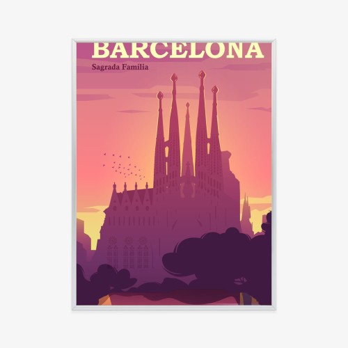 Plakat Barcelona Sagrada Familia Różowa Ilustracja O Zachodzie Słońca