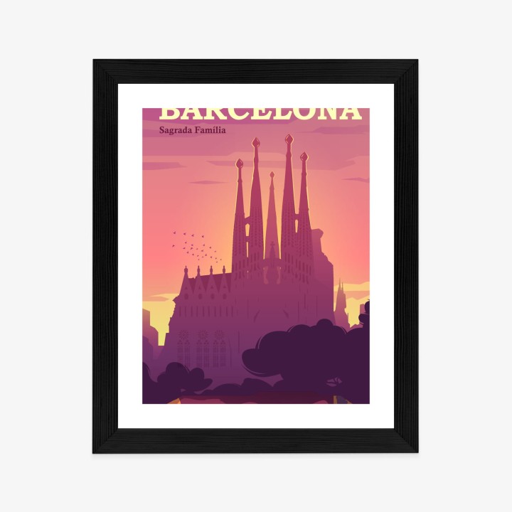 Plakat Barcelona Sagrada Familia Różowa Ilustracja O Zachodzie Słońca
