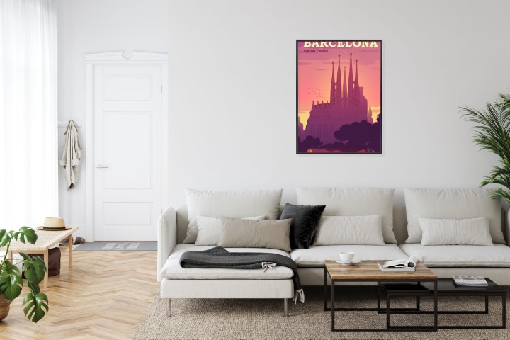 Plakat Barcelona Sagrada Familia Różowa Ilustracja O Zachodzie Słońca