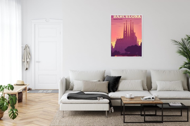 Plakat Barcelona Sagrada Familia Różowa Ilustracja O Zachodzie Słońca