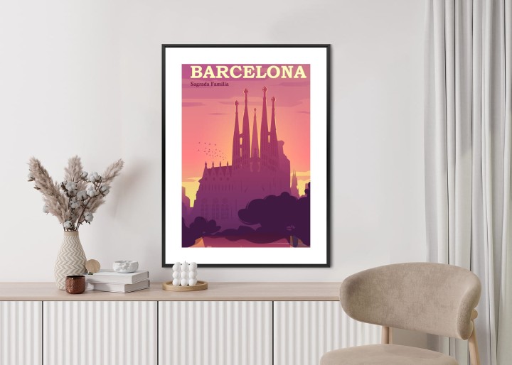Plakat Barcelona Sagrada Familia Różowa Ilustracja O Zachodzie Słońca