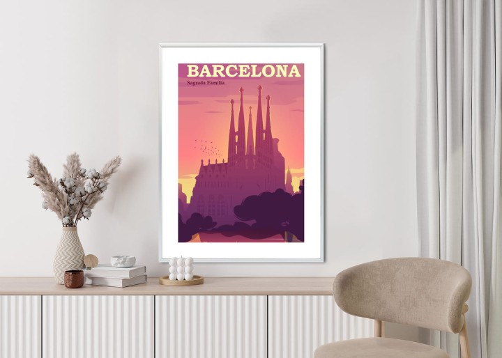 Plakat Barcelona Sagrada Familia Różowa Ilustracja O Zachodzie Słońca