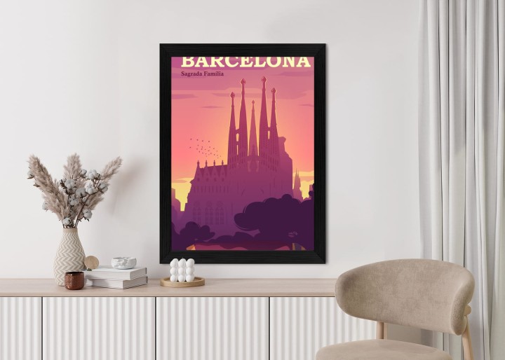 Plakat Barcelona Sagrada Familia Różowa Ilustracja O Zachodzie Słońca
