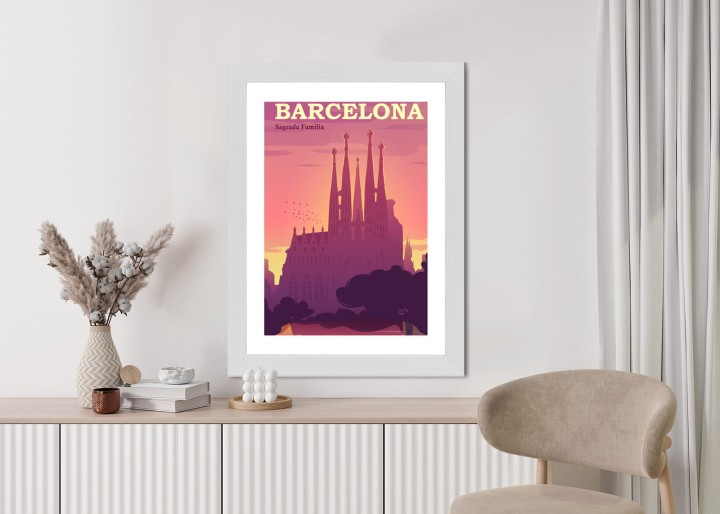 Plakat Barcelona Sagrada Familia Różowa Ilustracja O Zachodzie Słońca