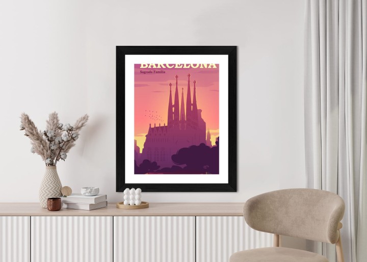 Plakat Barcelona Sagrada Familia Różowa Ilustracja O Zachodzie Słońca