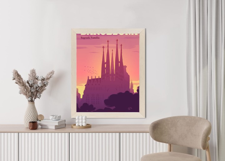 Plakat Barcelona Sagrada Familia Różowa Ilustracja O Zachodzie Słońca