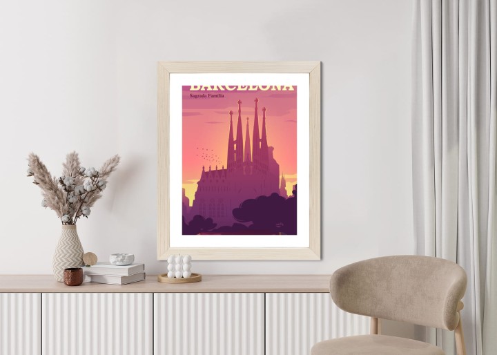 Plakat Barcelona Sagrada Familia Różowa Ilustracja O Zachodzie Słońca