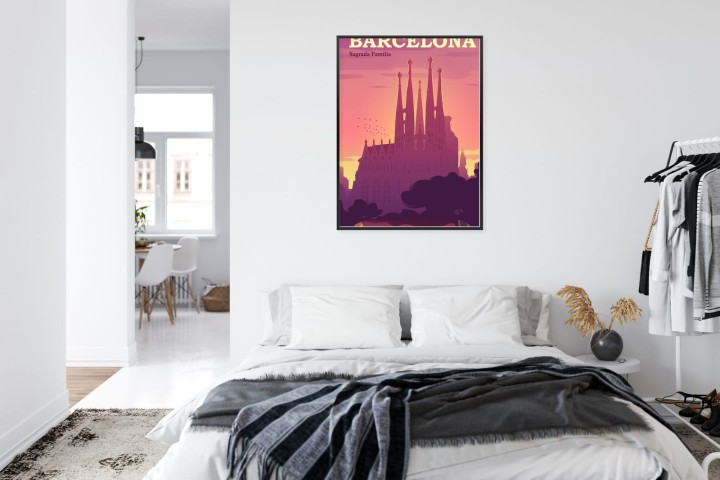 Plakat Barcelona Sagrada Familia Różowa Ilustracja O Zachodzie Słońca