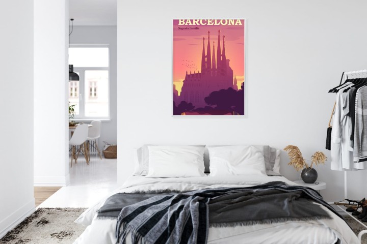 Plakat Barcelona Sagrada Familia Różowa Ilustracja O Zachodzie Słońca
