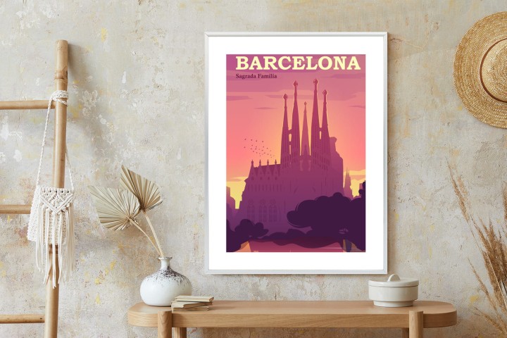 Plakat Barcelona Sagrada Familia Różowa Ilustracja O Zachodzie Słońca