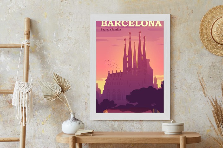 Plakat Barcelona Sagrada Familia Różowa Ilustracja O Zachodzie Słońca