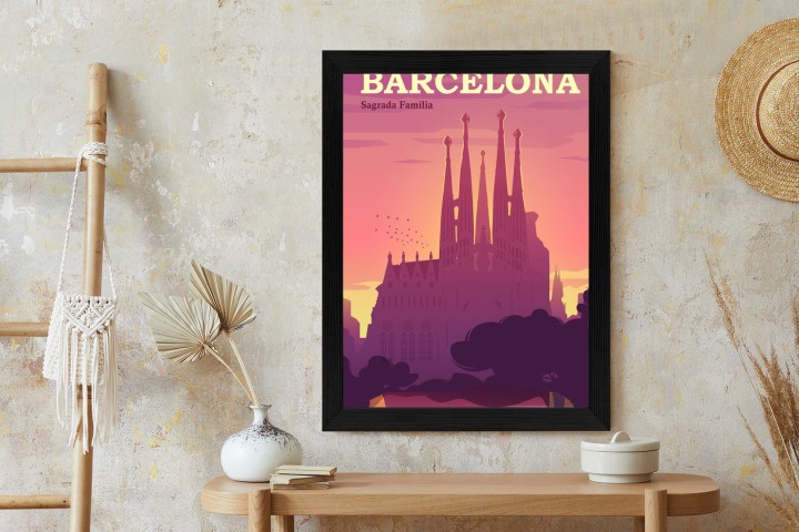 Plakat Barcelona Sagrada Familia Różowa Ilustracja O Zachodzie Słońca