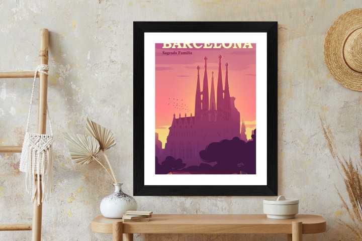 Plakat Barcelona Sagrada Familia Różowa Ilustracja O Zachodzie Słońca