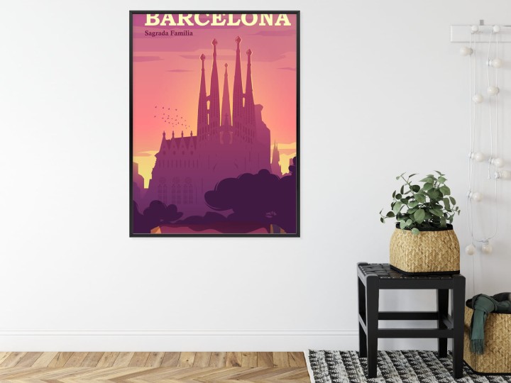 Plakat Barcelona Sagrada Familia Różowa Ilustracja O Zachodzie Słońca