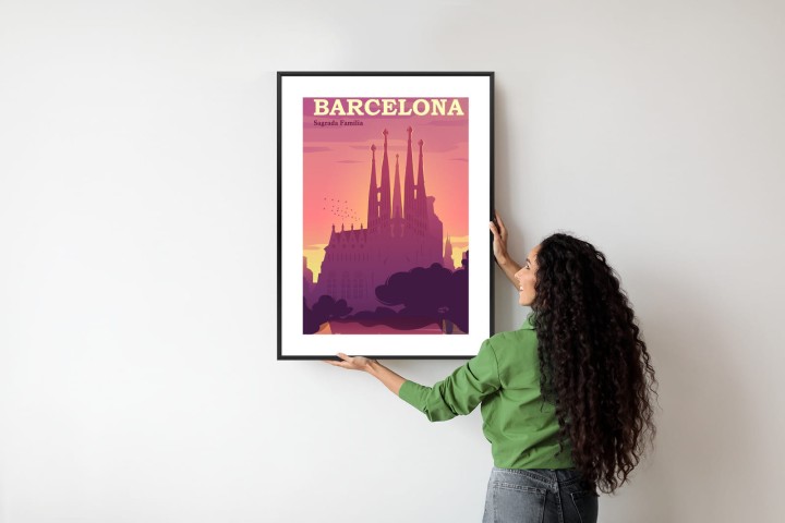 Plakat Barcelona Sagrada Familia Różowa Ilustracja O Zachodzie Słońca