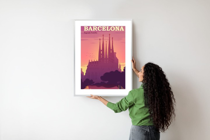 Plakat Barcelona Sagrada Familia Różowa Ilustracja O Zachodzie Słońca