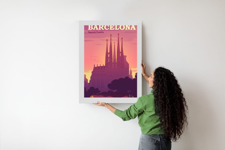 Plakat Barcelona Sagrada Familia Różowa Ilustracja O Zachodzie Słońca