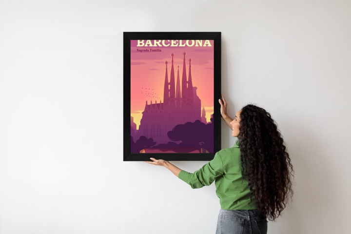 Plakat Barcelona Sagrada Familia Różowa Ilustracja O Zachodzie Słońca
