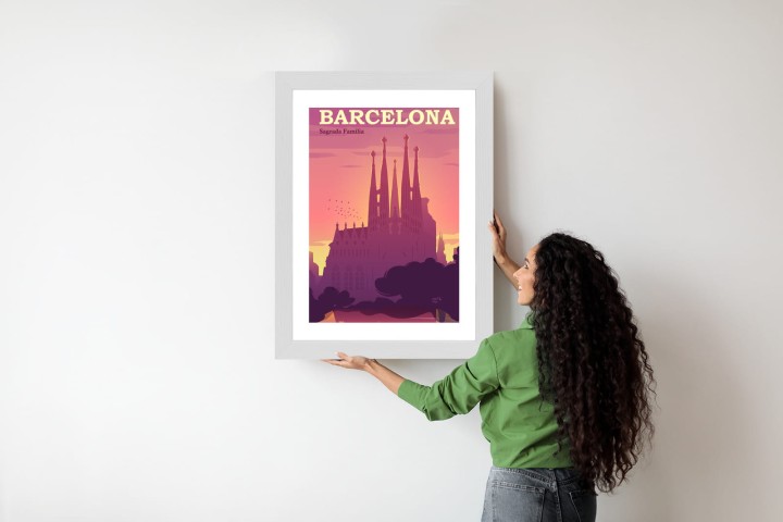 Plakat Barcelona Sagrada Familia Różowa Ilustracja O Zachodzie Słońca