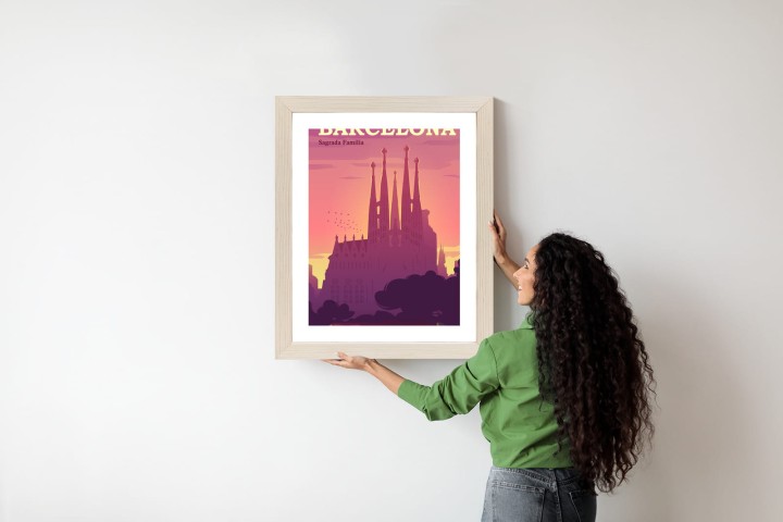 Plakat Barcelona Sagrada Familia Różowa Ilustracja O Zachodzie Słońca