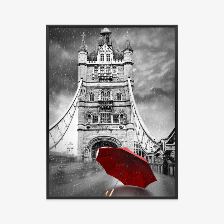 Plakat Czerwony Parasol Na Czarno Białym Tle Z Tower Bridge