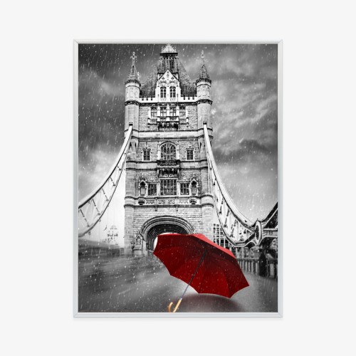 Plakat Czerwony Parasol Na Czarno Białym Tle Z Tower Bridge
