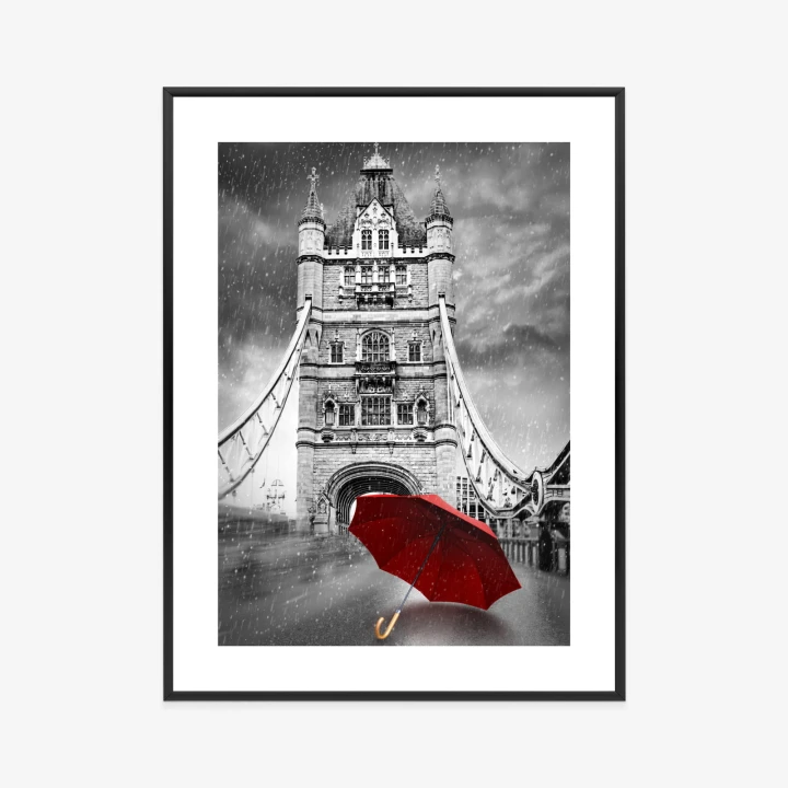Plakat Czerwony Parasol Na Czarno Białym Tle Z Tower Bridge