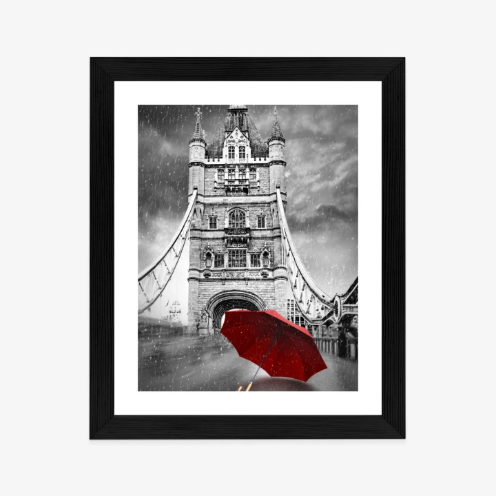 Plakat Czerwony Parasol Na Czarno Białym Tle Z Tower Bridge