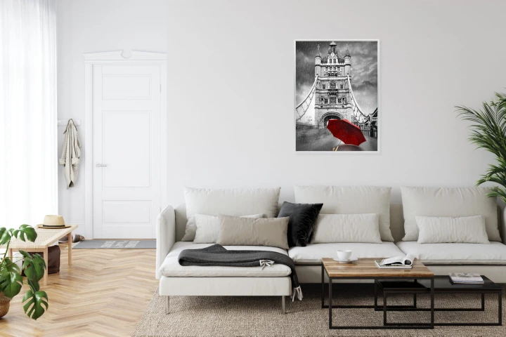 Plakat Czerwony Parasol Na Czarno Białym Tle Z Tower Bridge