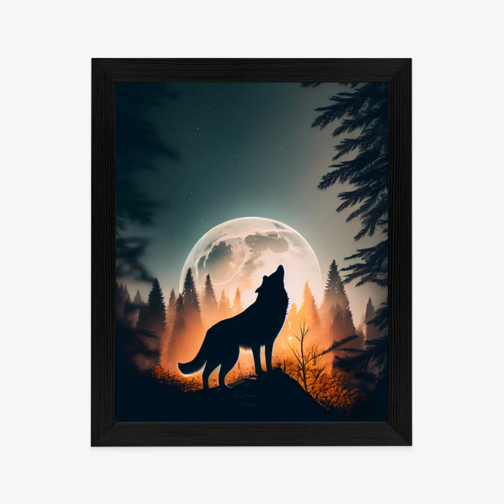 Plakat Wilk Wyjący Na Skale Przy Księżycu