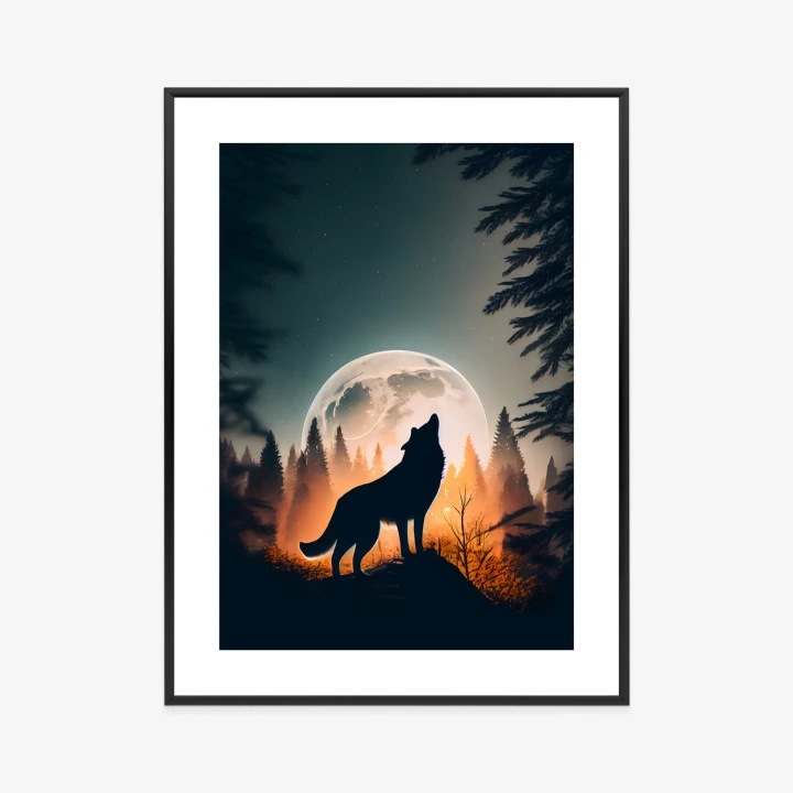 Plakat Wilk Wyjący Na Skale Przy Księżycu